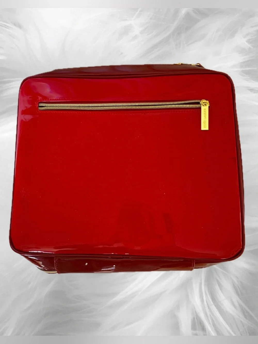 Estee Lauder Sleek Glossy Red Train Cosmetic Vanity Travel Case w/Gold Hardware